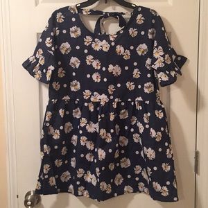Navy Blue blouse with daisies and polka dots